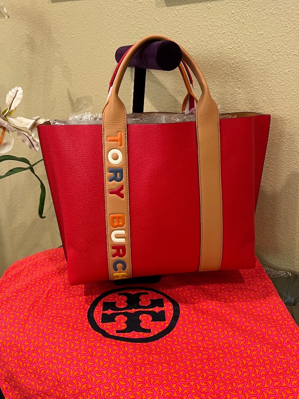 Tory Burch PERRY MULTI-STRIPE TRIPLE-COMPARTMENT TOTE Brilliant RED